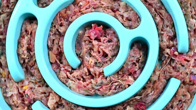 Slow feeder for dog Natural raw meat food in slow feeding dog bowl Top view Close-up Pet food
