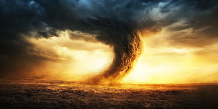A dramatic storm rolling over an open prairie, with dark clouds, a distant tornado, and golden sunlight breaking through in streaks. The powerful and intense setting captures nature's raw beauty.