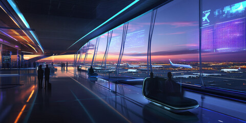A futuristic airport terminal with glowing holograms, sleek passenger pods, and expansive windows showcasing a vibrant skyline. The advanced design captures innovation and progress.