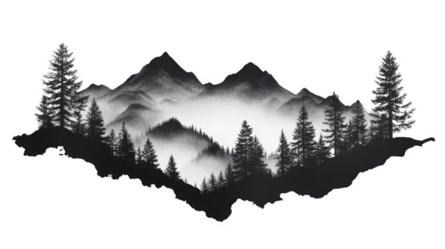 Black silhouette of forest and mountain transparent background