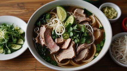 Delicious bowl of pho with sliced pork, rice noodles, herbs, and lime.
