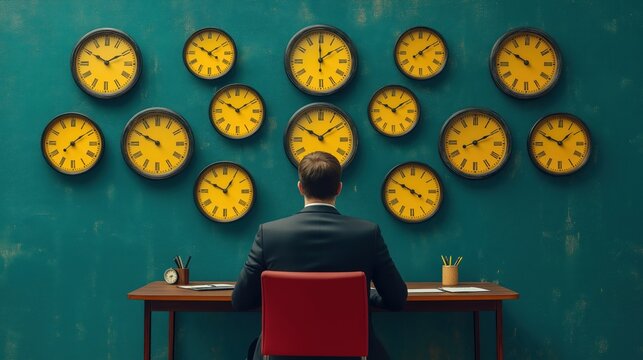 Businessman sits at desk facing wall with many clocks. Time pressure, global awareness concept. Office scene with multiple time zones depicted. Businessman looks at many clocks deadlines, global