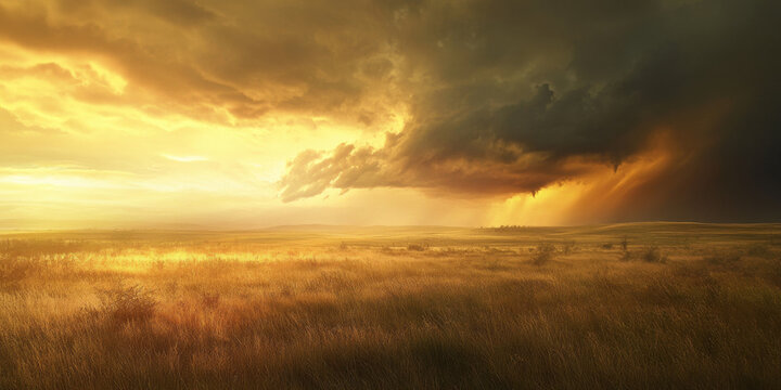 A dramatic storm rolling over an open prairie, with dark clouds, a distant tornado, and golden sunlight breaking through in streaks. The powerful and intense setting captures nature's raw beauty.