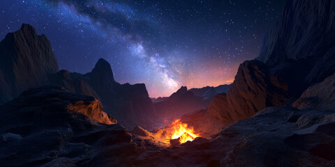 A dramatic canyon under the stars with jagged cliffs, a glowing campfire, and the Milky Way arching across the sky. The majestic and adventurous scene feels infinite.