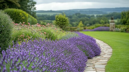 Lavender Border Path Garden Landscape Scenic View