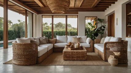 Fototapeta premium Bright room with wooden furniture and white sofas