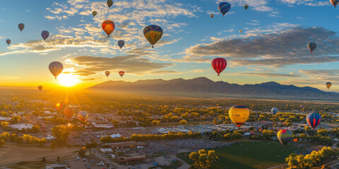 Naklejka premium A vibrant balloon festival with hundreds of colorful hot air balloons floating in the sky at sunrise. The cheerful and magical scene is perfect for travel and adventure themes.