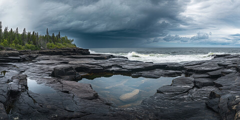 Obraz premium A dramatic rocky coastline with tide pools, crashing waves, and storm clouds gathering in the distance. The rugged and powerful setting showcases the untamed beauty of the sea.
