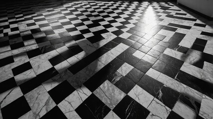 Checkered marble floor in black and white pattern