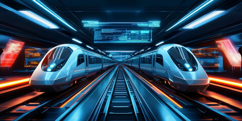 A futuristic transportation hub with sleek trains, glowing platforms, and holographic signs. The advanced and innovative design is ideal for sci-fi and technology themes.