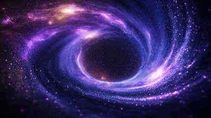 Cosmic swirl of purple, blue particles creates swirling galaxy. Abstract cosmic effect. Beautiful cosmic space. Intricate swirling nebula. Dynamic cosmic display. Hypnotic, mesmerizing effect. Galaxy