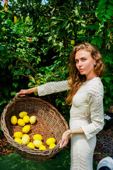 Obraz premium A graceful blonde woman with a lemon-filled basket enjoys the tranquility of a garden. She is dressed in a knitted white dress.