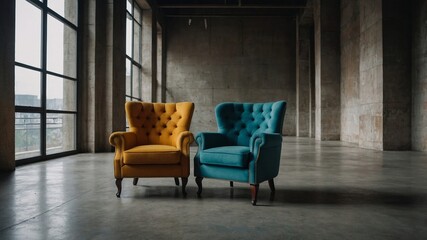 Colorful armchair in vintage building on concrete floor