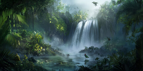 A dramatic waterfall in a tropical rainforest, with water cascading into a misty pool, vibrant green foliage, and exotic birds in the canopy. The lush and dynamic setting feels alive with nature.