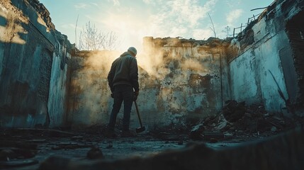 Man Demolishing A Ruined Building With A Sledgehammer