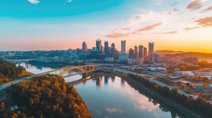 Naklejka premium Stunning Aerial View of Pittsburgh City Skyline at Sunset