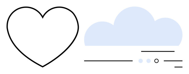 Simplified heart outline next to a stylized light blue cloud with horizontal lines and dots suggesting motion. Ideal for themes of love, care, digital connections, cloud computing, emotional balance
