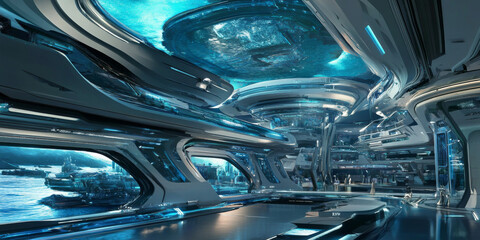 Fototapeta premium A futuristic underwater research station with glowing windows, marine life swimming nearby, and advanced scientific equipment visible inside. The innovative setting feels cutting-edge.