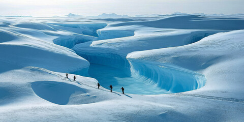 A dramatic glacier field with deep crevasses, icy blue hues, and a group of explorers trekking across the frozen landscape. The powerful and pristine scene feels awe-inspiring.
