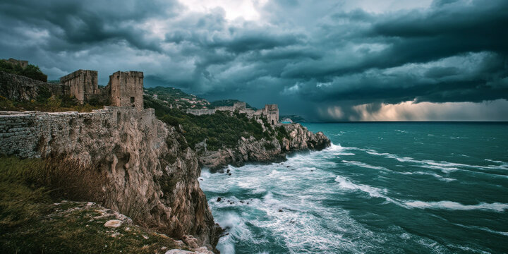 A dramatic cliffside fortress overlooking a stormy sea, with dark clouds, crashing waves, and a sense of mystery and history. The powerful setting evokes drama and intrigue.