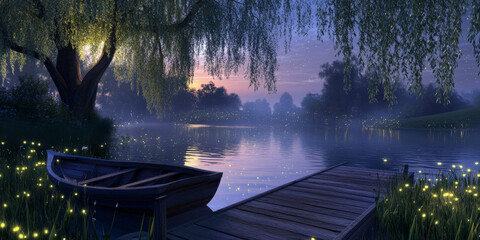 A serene countryside river at twilight, with willows bending over the water, a small wooden boat tied to a dock, and fireflies glowing softly in the dimming light. The peaceful scene feels enchanting.
