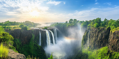 Fototapeta premium A dramatic waterfall plunging into a rocky gorge surrounded by dense jungle, with mist rising from the falls and rainbows forming in the sunlight. The powerful and lush setting feels invigorating.