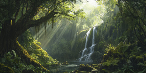 A dramatic forest canyon with a waterfall cascading into a deep pool, moss-covered cliffs, and sunlight streaming through the dense foliage above. The lush and vibrant setting feels alive.