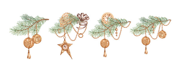 Fir branches with Christmas decorations, balls, stars, chains, gears, pendants watercolor illustration in steampunk style. Forest plants for winter and Christmas decor. Isolated from the background.