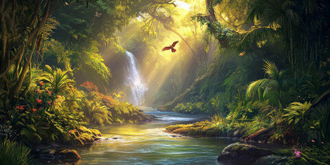 A tranquil river winding through a dense rainforest, with sunlight streaming through the canopy and exotic birds flying above. The lush and serene setting feels untouched.