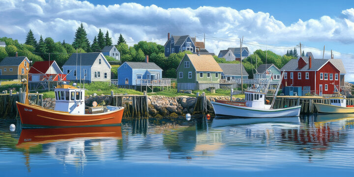 A tranquil fishing village with colorful boats anchored in the harbor, quaint houses, and a calm sea. The peaceful setting evokes simplicity and charm.
