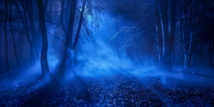 Enchanted forest with blue mist and mystical lighting at night