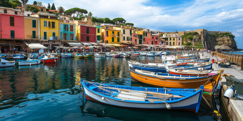 A bustling coastal fishing village with colorful boats in the harbor, fishermen repairing nets, and fresh seafood displayed on market stalls. The lively setting highlights maritime tradition.