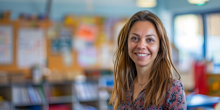 Smiling female teacher in a colorful, welcoming classroom setting
