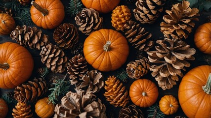 Flatlay of pumpkins and pinecones in autumn decor