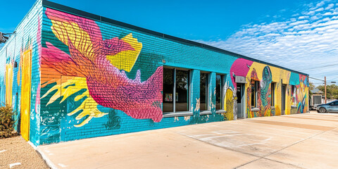 A vibrant street art alley filled with colorful murals, intricate graffiti, and artists adding new creations. The lively and dynamic setting celebrates creativity and urban culture.