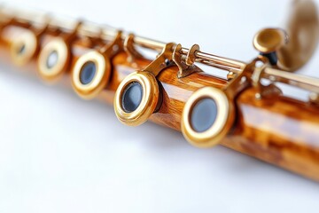 Fototapeta premium Close-up of a wooden flute's keys and body, showcasing intricate detail and craftsmanship.