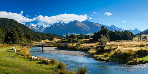 A tranquil mountain valley with a winding river, grazing sheep, and a small wooden bridge under a bright blue sky. The peaceful and pastoral scene feels rejuvenating.