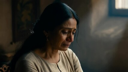 A South Asian woman sits quietly with tears in her eyes, lost in thought within a softly lit room, conveying deep emotions