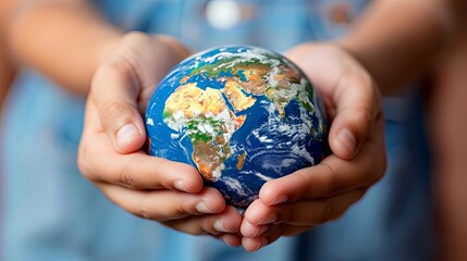 Child's Hands Gently Holding a Miniature Earth Globe