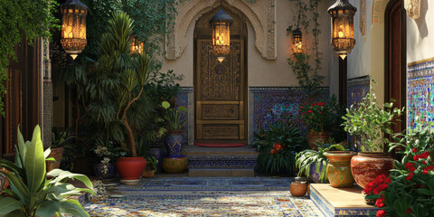 A vibrant Moroccan courtyard with colorful tiles, lush plants, and ornate lanterns casting warm light. The intricate details and inviting setting capture cultural beauty.