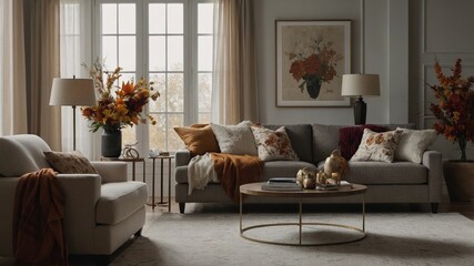 Light living room with fall flowers and couch
