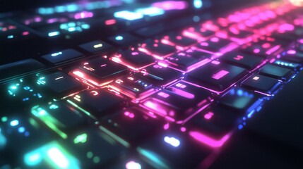 Fototapeta premium A sleek keyboard glows in ambient light, showcasing vibrant keys in a high-tech workspace.