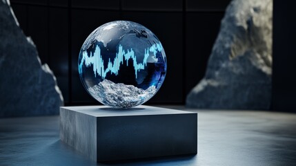 A crystal globe with a digital wave pattern sits on a pedestal, surrounded by rocky textures in a modern setting.
