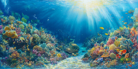 A vibrant underwater reef teeming with colorful coral, tropical fish, and sunlight streaming through the water's surface. The lively and biodiverse scene captures marine beauty.