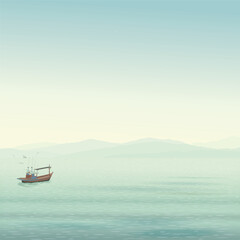 Minimalist seascape with fishing boat followed by seagulls have mountain ranges and vanilla sky background graphic illustration.