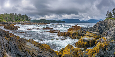 Obraz premium A dramatic rocky coastline with tide pools, crashing waves, and storm clouds gathering in the distance. The rugged and powerful setting showcases the untamed beauty of the sea.