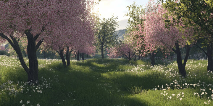 A tranquil orchard in full bloom with pink and white blossoms, bees buzzing, and soft sunlight casting dappled shadows on the ground. The peaceful setting captures the essence of spring.