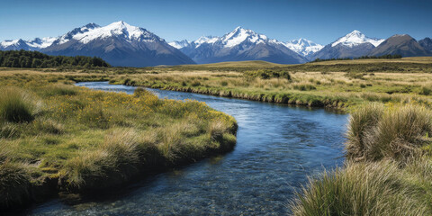 Fototapeta premium A serene alpine meadow with wildflowers in bloom, a crystal-clear stream winding through, and snow-capped peaks in the distance. The tranquil setting feels fresh and rejuvenating.