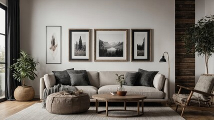 Mockup picture frames in modern boho living room