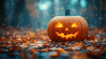 Illuminated Jack O Lantern Amidst Autumn Leaves